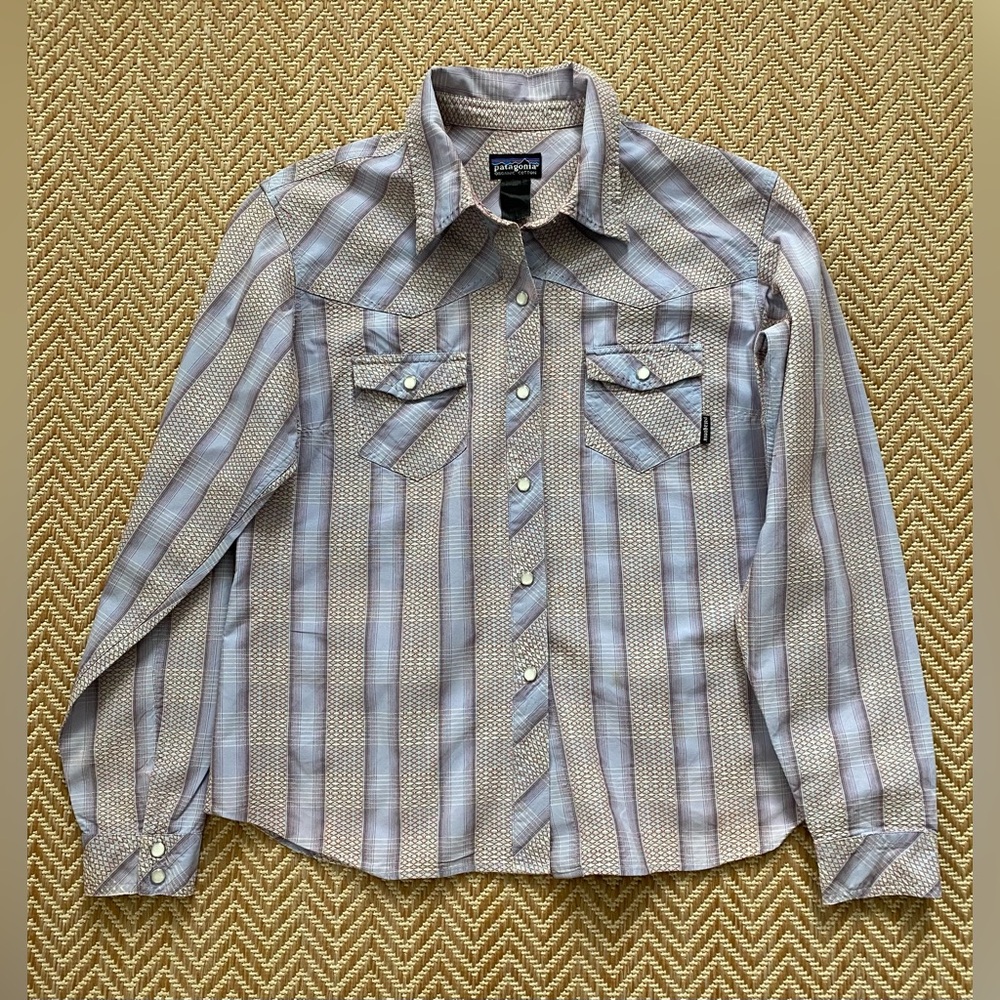 Patagonia Drifter Western Pearl Snap Button Lavender Plaid Shirt Women's Large
